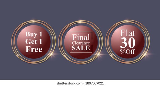 Vector illustration set of offer labels with round shiny golden frame, discount, promo sale stickers template, final clearance sale, 30% off, buy one get one free