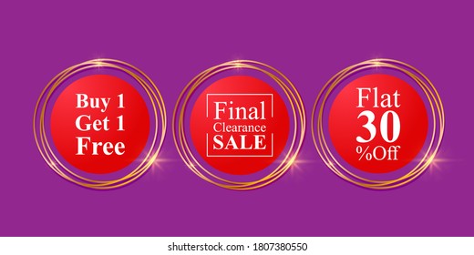 Vector illustration set of offer labels with round shiny golden frame, discount, promo sale stickers template, final clearance sale, 30% off, buy one get one free