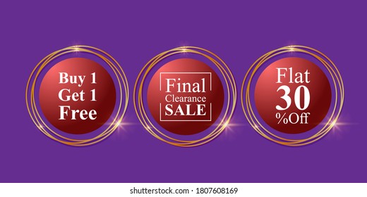 Vector illustration set of offer labels with round shiny golden frame, discount, promo sale stickers template, final clearance sale, 30% off, buy one get one free
