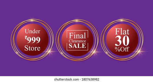 Vector illustration set of offer labels with round shiny golden frame, discount, promo sale stickers template, final clearance sale, 30% off, under 999 store