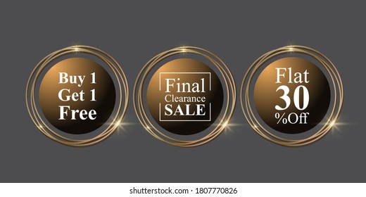 Vector illustration set of offer labels with round shiny golden frame, discount, promo sale stickers template, final clearance sale, 30% off, buy one get one free
