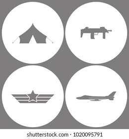 Vector Illustration Set Office Army Icons. Elements of Barracks, military tent, Submachine, Aviation wings and aircraft jet icon on white background
