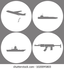 Vector Illustration Set Office Army Icons. Elements of Heavy bomber with bombs, Military submarine, Warship. icon on white background