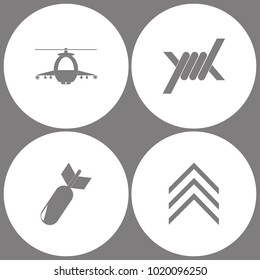 Vector Illustration Set Office Army Icons. Elements of military helicopter, Barbed Wire, Aviation Bomb and Military emblem rank  icon on white background