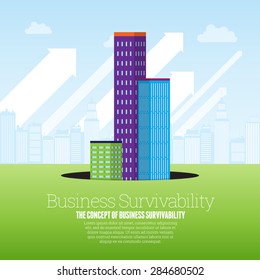 Vector illustration of set of office buildings rising from a black pit hole.