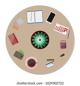 Vector illustration set of office and business work elements on a desk texture in flat design. Top view.