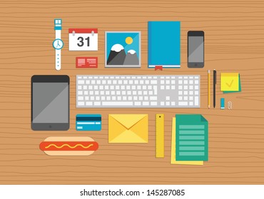 Vector illustration set of office and business work elements on a desk texture in flat design. Top view.