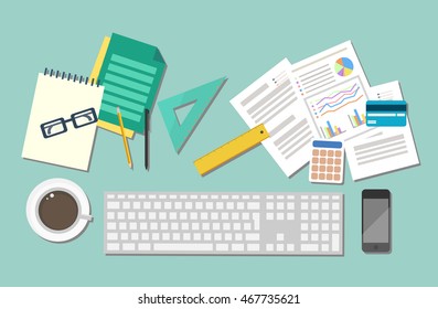 Vector illustration set of office and business work elements on a desk texture in flat design. Top view.