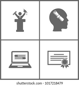 Vector Illustration Set Office Education Icons. Elements of Graduate standing near tribune, diplom in mind, ebooks and certificate on white background