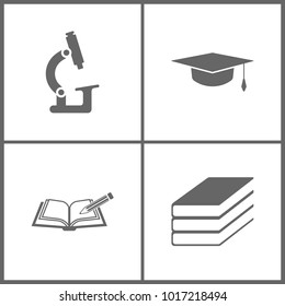 Vector Illustration Set Office Education Icons. Elements of microscope, Graduation cap, Books with pen and pen and book on white background