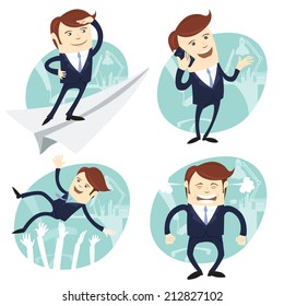 Vector Illustration Set of office man: Office man flying an looking to the future, salesman speaking phone, happy white collar throwing up by his team, angry boss shaking his fists 