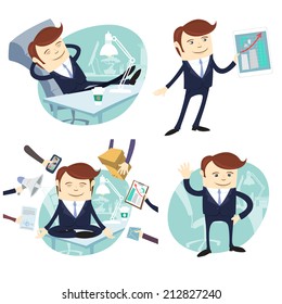 Vector Illustration Set of office man: lazy worker foot on desk, salesman with device, busy multitasking man, waving office white collar