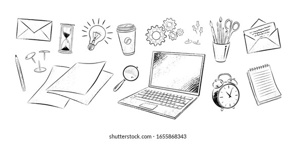 Vector illustration set of office supplies on white background.