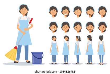 Vector illustration set of old lady is a housekeeper,cleaner in various action. emotion expression. Front, side, back view animated character.