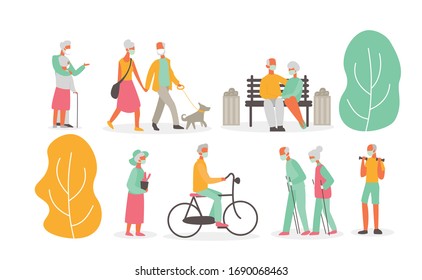 Vector illustration set of old people walking outside in park and wearing masks, isolated on white background. Virus concept, protection, grandmother and grandfather, epidemic concept, flat cartoon