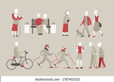 Vector illustration set of old people doing sport in the park, aged man and woman walking. Active pensioners have fun outside. Flat cartoon style