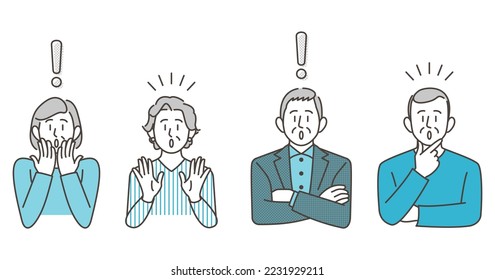 Conjunto de ilustraciones vectoriales de hombres y mujeres mayores que se dan cuenta y se sorprenden