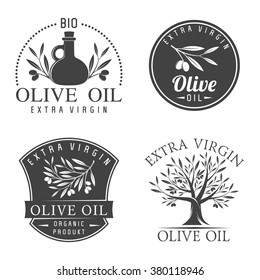 Ilustración vectorial de etiquetas de oliva y distintivos aislados en fondo blanco. Etiquetas de aceite de oliva