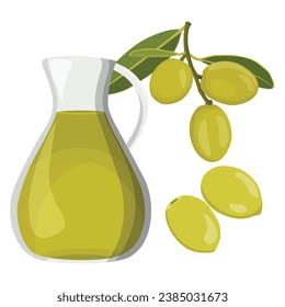 Vector illustration set of olive oil glass jar in cartoon flat style. Bottle green olives. Element design for menu, label, packaging. Single and set of raw green, black olive harvest