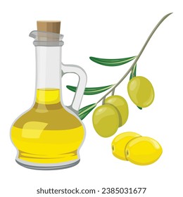 Vector illustration set of olive oil glass jar in cartoon flat style. Bottle green olives. Element design for menu, label, packaging. Single and set of raw green, black olive harvest