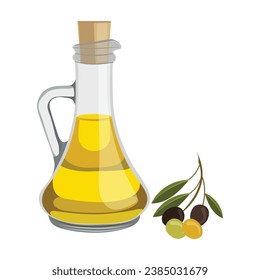 Vector illustration set of olive oil glass jar in cartoon flat style. Bottle green olives. Element design for menu, label, packaging. Single and set of raw green, black olive harvest