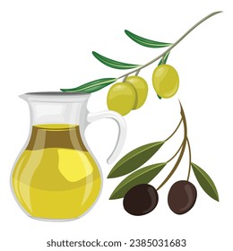 Vector illustration set of olive oil glass jar in cartoon flat style. Bottle green olives. Element design for menu, label, packaging. Single and set of raw green, black olive harvest