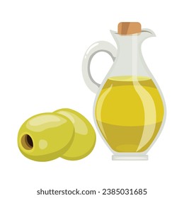Ilustración vectorial de un frasco de vidrio de aceite de oliva en estilo plano de caricatura. Aceitunas verdes en botella. Diseño de elementos para menú, etiqueta, empaque. Soltero y conjunto de cosecha de aceitunas verdes y negras
