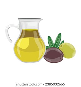 Vector illustration set of olive oil glass jar in cartoon flat style. Bottle green olives. Element design for menu, label, packaging. Single and set of raw green, black olive harvest