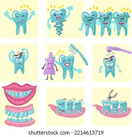 vector illustration.  Set on a dental theme.  cute teeth in the form of characters with different emotions.  wisdom teeth, jaws, braces, caries, cleaning, pulling out, prosthetics.