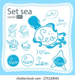 Vector illustration. Set on a sea theme on a white background in a blue color. Octopus and starfish, shells, waves freehand drawing on a white background.
