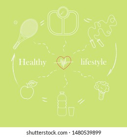 Vector illustration set on the theme of a healthy lifestyle to advertise the website. Infographics on sports and healthy eating. Diet food and sports activities
