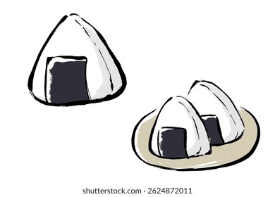 Un juego de Ilustración vectorial de onigiri con un trazo de pincel. Dos Conjuntos de ilustración: onigiri como es y onigiri en un plato.
