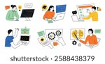 Vector illustration set of online education. Cartoon flat characters learning online. Courses compositions, people training, coding, programming, working in software development, IT, analytics, AI
