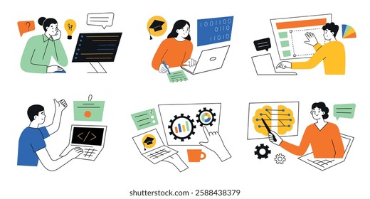 Vector illustration set of online education. Cartoon flat characters learning online. Courses compositions, people training, coding, programming, working in software development, IT, analytics, AI