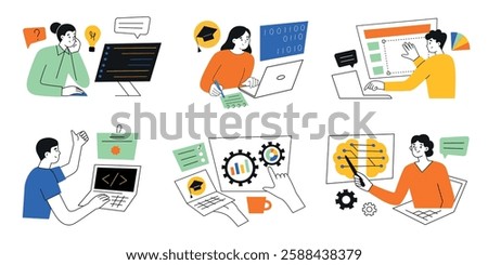Vector illustration set of online education. Cartoon flat characters learning online. Courses compositions, people training, coding, programming, working in software development, IT, analytics, AI