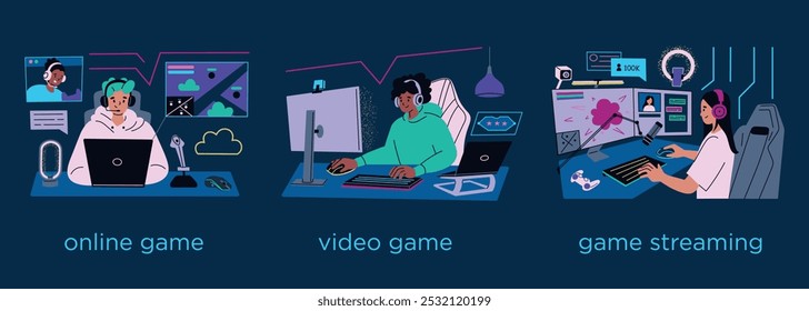 Conjunto de Ilustración vectorial Video de juegos en línea, juegos y escenas de transmisión de juegos. Plano, estilo de dibujos animados, jugadores con auriculares, monitores y configuraciones digitales. Perfecto para deportes electrónicos y temas de juegos