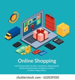 Vector illustration. Set of online shopping icons. Laptop with a gift on the keyboard, bags, money and wallet, truck delivery, smart phone, calculator. Isometry, 3D. E-commerce.