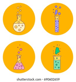 vector illustration set orange icons flask with liquids, line art, bubbles, chemical bottle