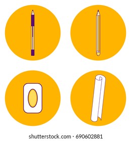 vector illustration set orange round icons, pencil, pen, eraser, paper, line art