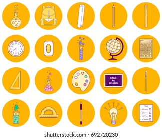 vector illustration set orange round icons, line art, back to school, backpack, blackboard,  brush, eraser, flasks,paper scroll, pen, pencil, test, globe, wall clock, light bulb, ruler, calculator,