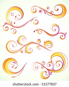 Vector illustration set of orange swirling flourishes decorative floral elements