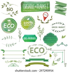 Vector illustration of a set of organic, bio labels and elements in watercolor style, isolated on white for your arts and designs