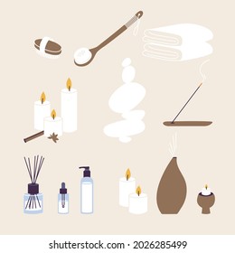 Vector illustration set of organic and natural products for spa and wellness procedure. Aroma sticks and candles with essecial oil, herbal lotion