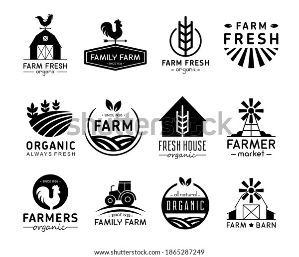 Vector illustration set of organic products\
logos and labels. Farm logos, fresh and healthy food logotypes\
collection isolated on white\
background