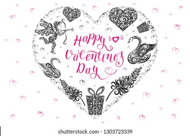 Vector illustration. A set of ornament for Valentine's Day. Calligraphic inscription Happy Valentine's Day, cupid, hearts, feathers, gift, swans. Image for your design and decor: card, poster, banner.