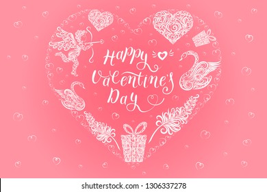 Vector illustration. A set of ornament for Valentine's Day. Calligraphic inscription Happy Valentine's Day, cupid, hearts, feathers, gift, swans. Image for your design and decor: card, poster, banner.