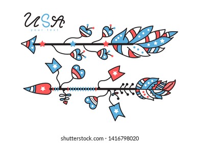 Vector illustration, set of ornamental arrows with USA flag. Doodle, boho style. American print design for T-shirts, cards, posters, decor for the holiday of July 4, Independence Day.