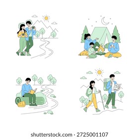 Ilustração vetorial de atividades ao ar livre, incluindo caminhadas, acampamentos e leitura na natureza. Apresenta pessoas que exploram, acampam perto de um incêndio e desfrutam de paisagens cênicas. Ideal para temas de viagem.