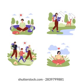 Vector illustration set of outdoor activities with people hiking on trail, reading map, meditating on grass, resting in nature with dog, backpacking and wildlife observation in park