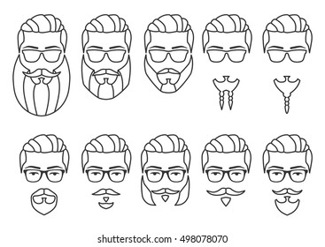 Vector illustration. Set of outline hipster face with mustaches and beards